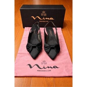 Nina Black Satin Bow Slingback Heels